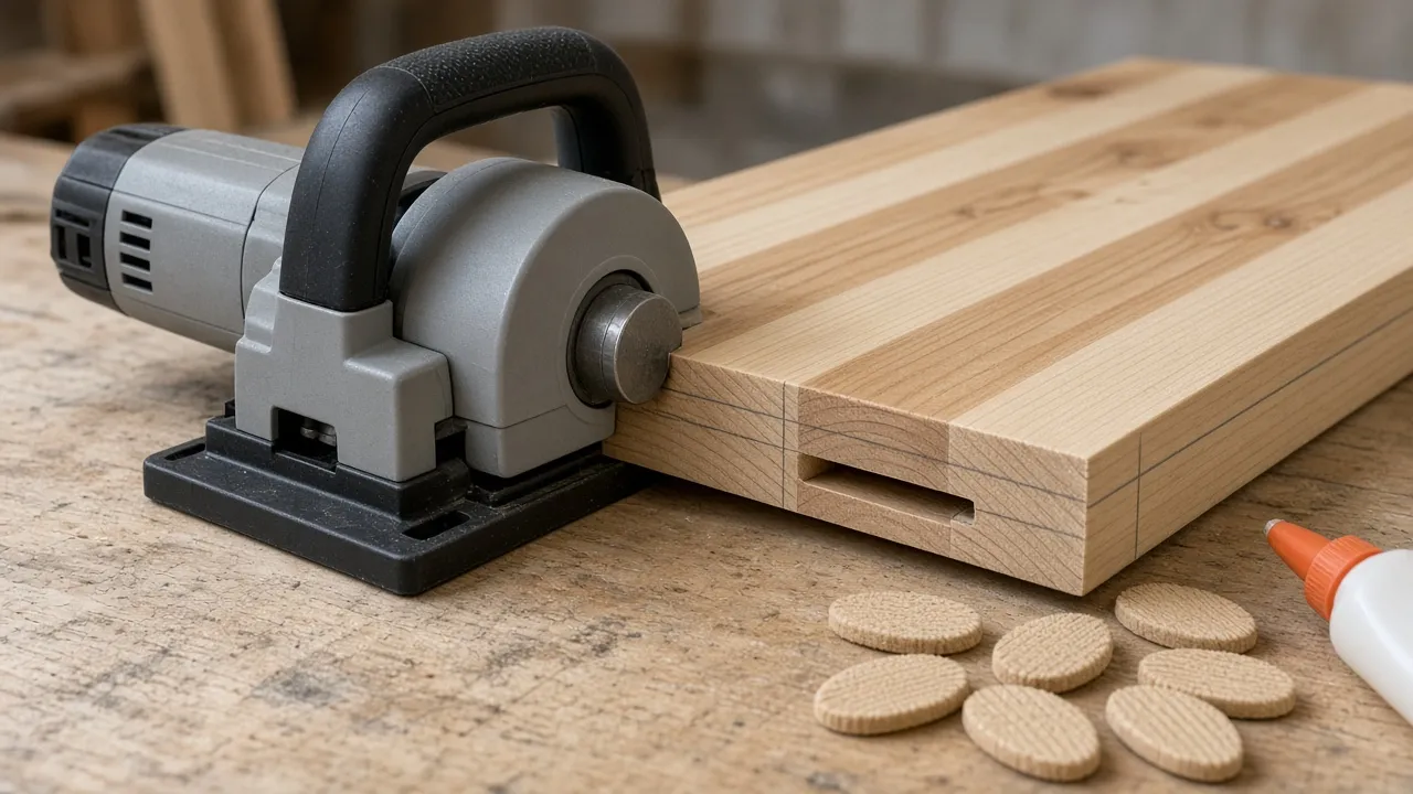 Fresatrice per lamelle accanto a un pannello con l'incavo già fresato, lamelle di legno e colla vinilica