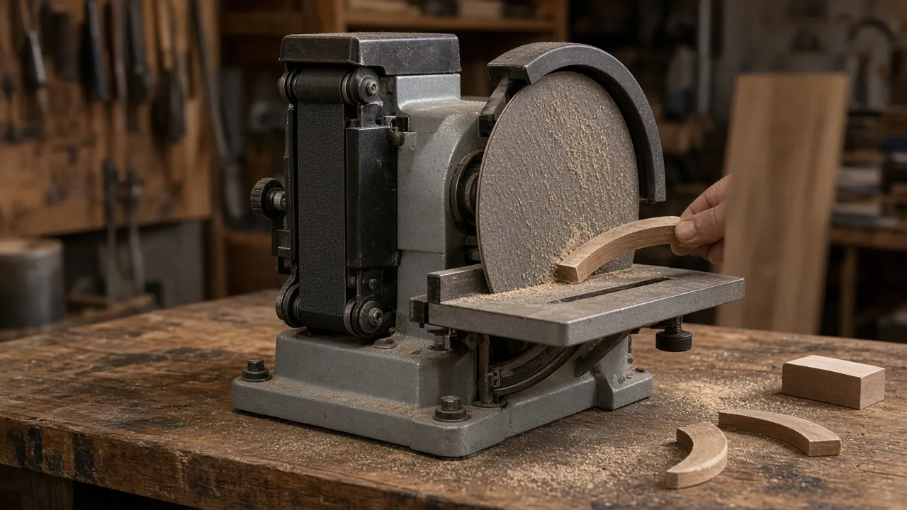 Levigatrice da banco a nastro e disco con un pezzo curvo di legno appoggiato al piano davanti al disco