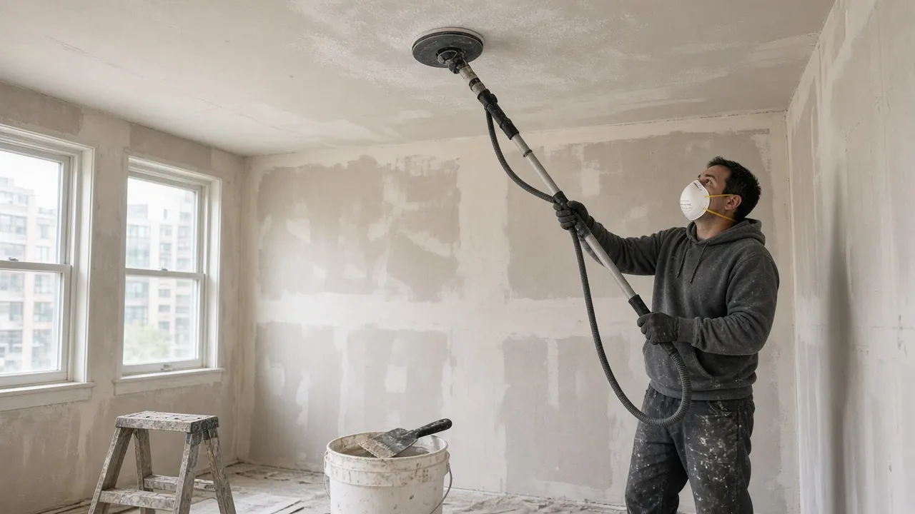 Levigatrice per cartongesso con asta lunga e tubo di aspirazione usata sul soffitto da un operatore con mascherina