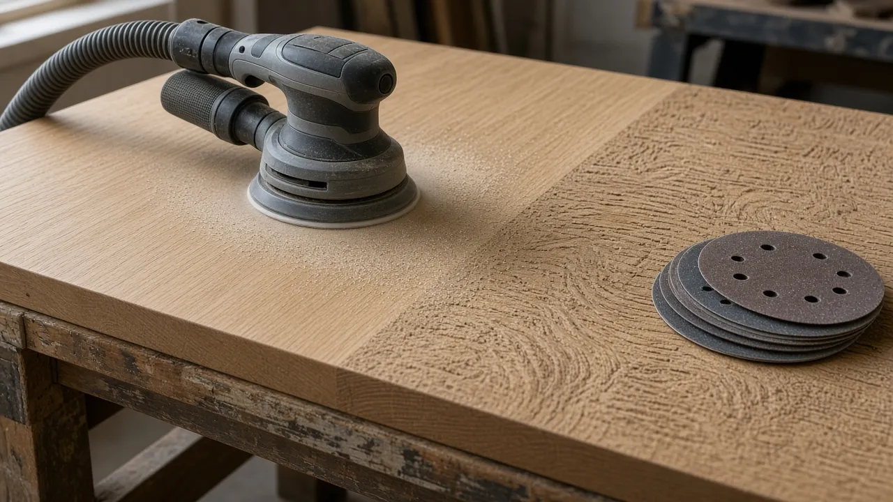 Levigatrice rotorbitale con tubo di aspirazione su un piano di rovere, metà levigato e metà ancora grezzo, con dischi abrasivi accanto