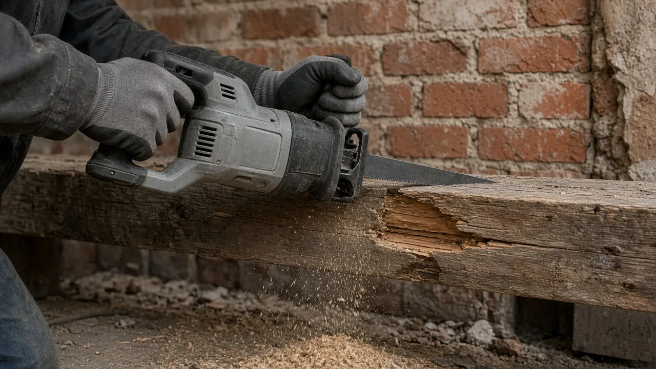 Sega a gattuccio tenuta a due mani che taglia una vecchia trave di legno davanti a un muro di mattoni